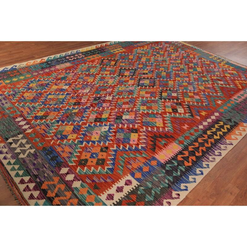 Geometric Kilim Reversible Area Rug Flatweave Multi-Color Wool Carpet - 8'2"x 11'4"