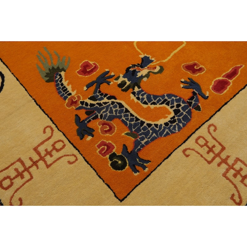 Gold Medallion & Dragon Chinese Art Deco New Zealand Wool Hand Tufted Multi Size Oriental Area Rug LoomBloom