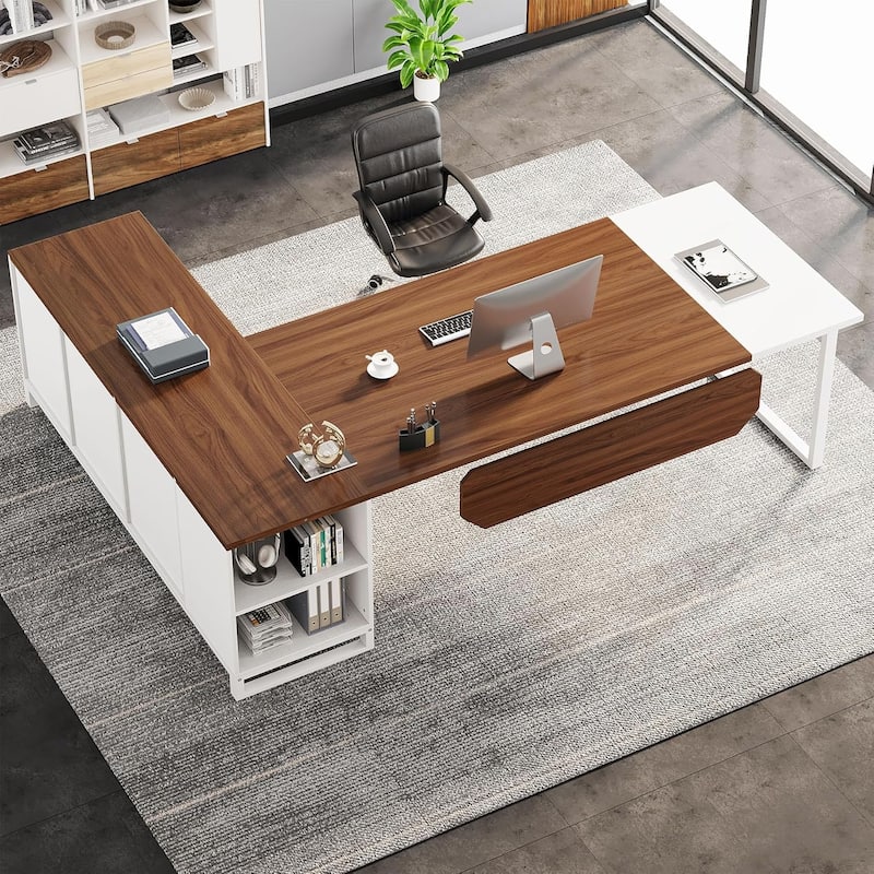 70.8-Inch Executive Desk with 55-Inch File Cabinet, Large L Shaped Walnut & White