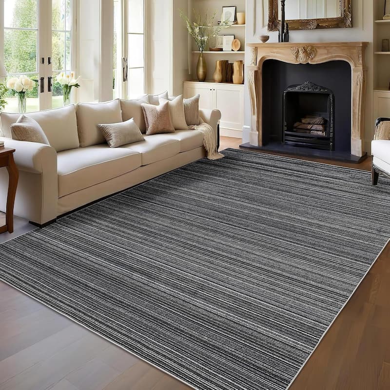 Modern Stripe Machine Washable Area Rug for Bedroom, Living Room, Black - 1'6" x 2'6" - Black 9' x 12'
