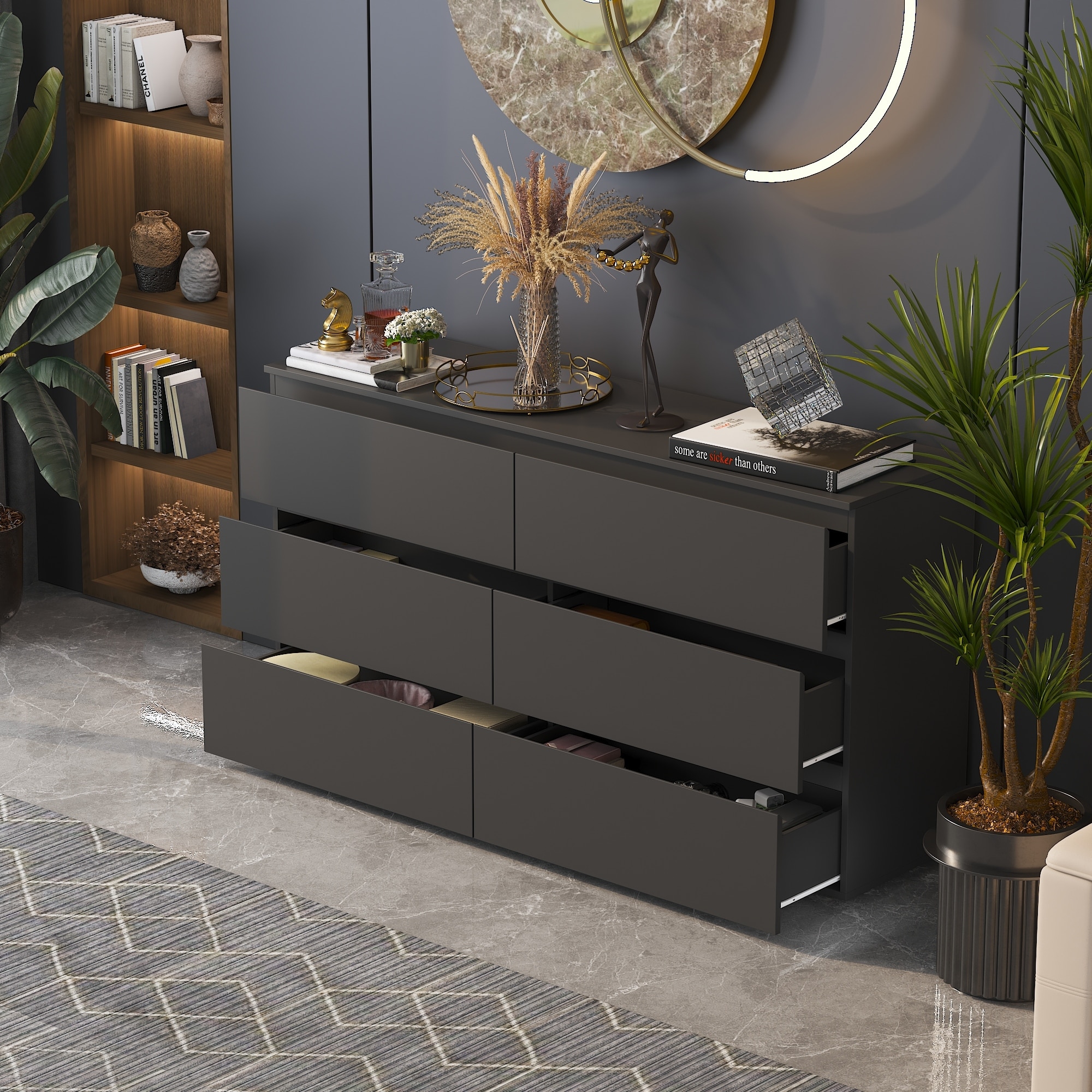large black dresser COWMOU for Bedroom, 53.1'' Wide Chest of Drawers with 6 Drawers, Storage Wooden Dresser for Living Room, Entryway, Hallway : Home & Kitchen brass hardware Black 6-Drawer Dresser for Bedroom,