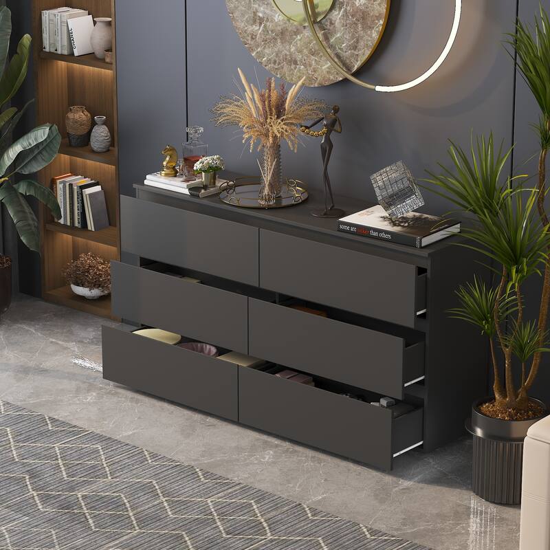 Black 6-Drawer Dresser for Bedroom, Modern Wide Chest of Drawers with Anti-Tip Safety, Large Storage Organizer Cabinet