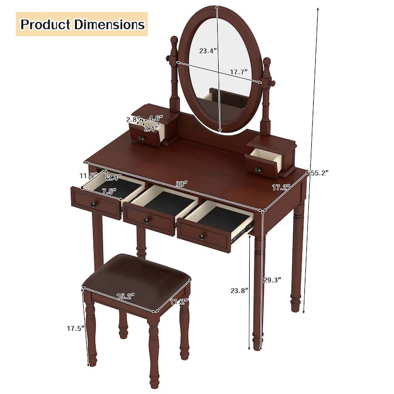 Vanity Desk with Adjustable Angle Mirror,Vanity Makeup Table and Cushioned Stool Set with Velvet Fabric Lining 5 Drawers