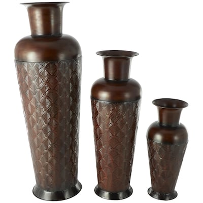 Metal Tall Decorative Vase with Geometric Designs - Set of 3 Dark Brown - Roche River Decor