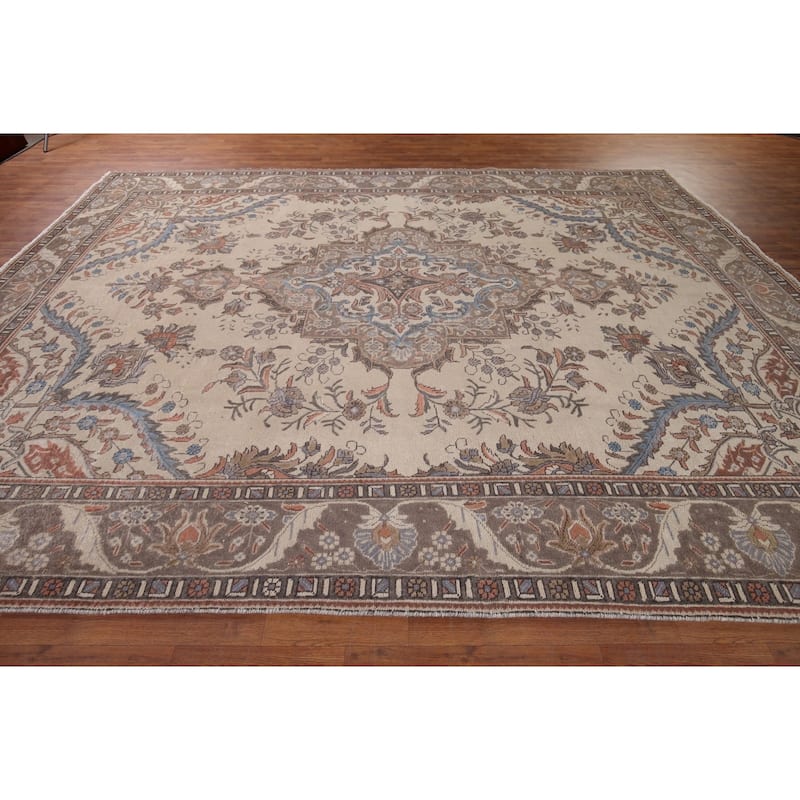 Beige Tabriz Vintage Persian Area Rug Handmade Wool Carpet - 9'6" x 12'7"