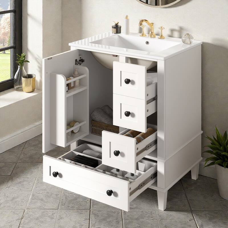 24" Bathroom Vanity with Integrated Ceramic Sink, Soft-Close Drawers and Door, Cabinet with Door Storage Rack