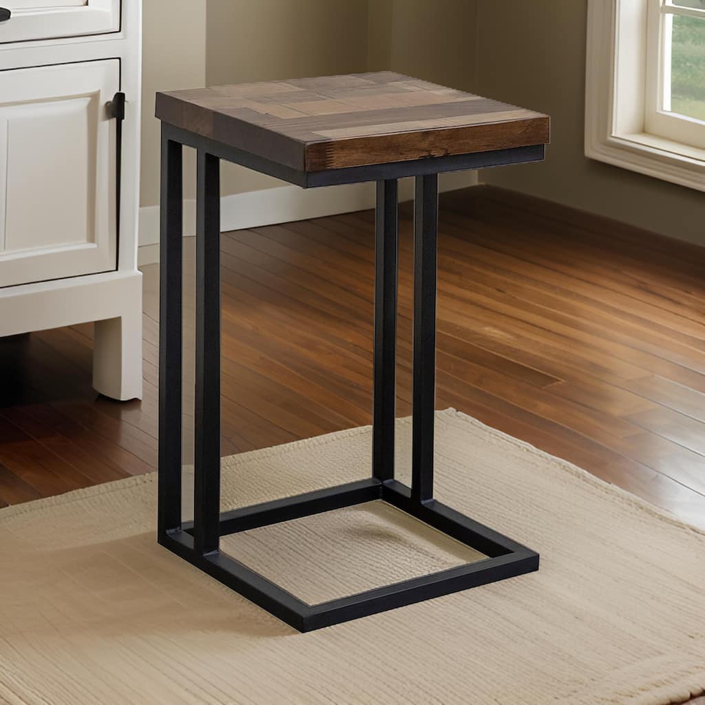 Tina Side End Table, Square Brown 15 Inch Wood Top, C Shape, Black Metal