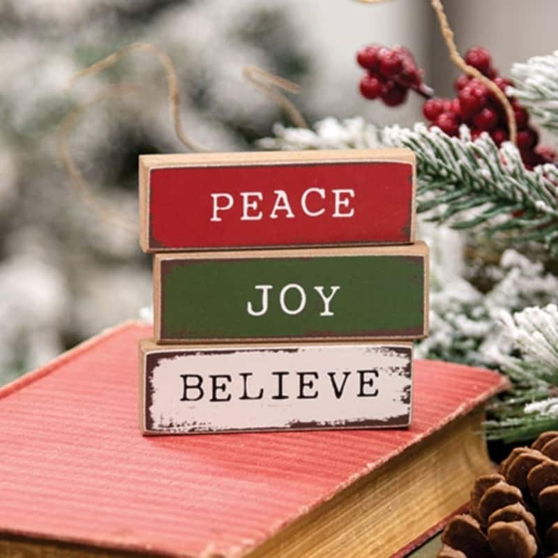 intage Holiday Mini Wooden Blocks Set Joy Believe Peace - 3 Asstd. - 3" x 0.50" x 1"