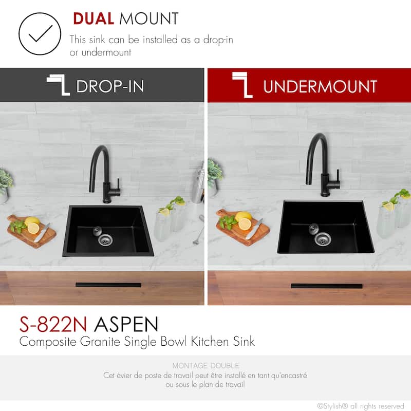 Dual mount 22 inch Black Composite Granite Single Bowl Kitchen Sink