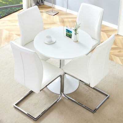 Table and chair set,Hourglass-Shaped Stable Small Round Table With 4 Soft and Comfortable PU Chair With Arched Metal Leg