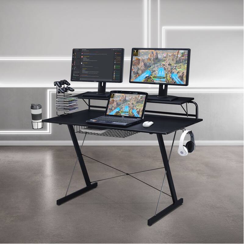 Techni Sport TS-200 Carbon Computer Gaming Desk with Shelving