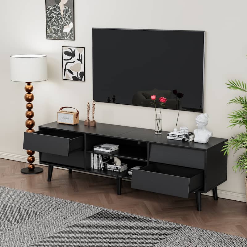 ​Vintage Style TV Stand with 4 Solid Wood Legs, 4 Drawers and 2 Shelves for Living Room Bedroom and Office