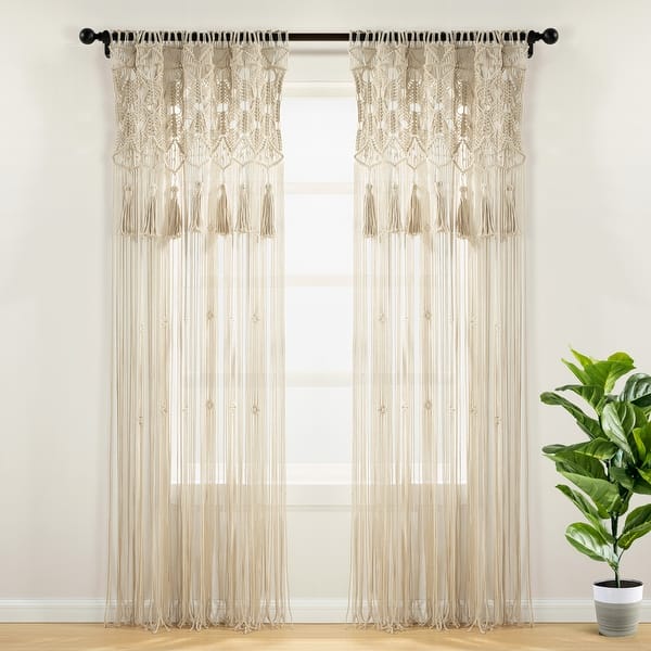 Lush Decor Panel De Cortina De Algodón Con Hojas De Macramé Bohemio Para Ventana, Individual De 40 Pulgadas De Ancho X 84 Pulgadas De Largo, Cortinas De Macramé Para Ventanas, Divisor