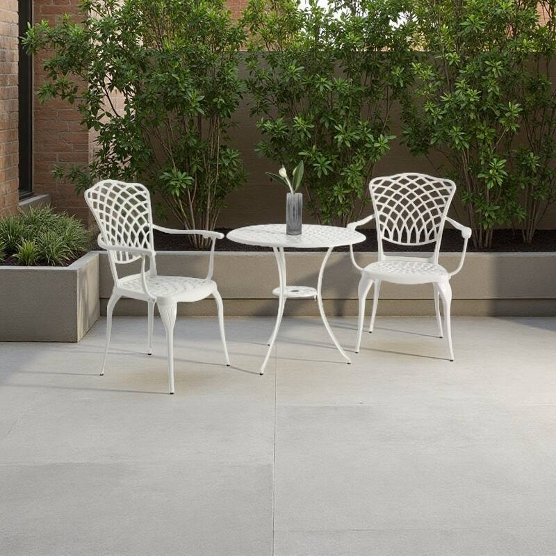 3-Piece Cast Aluminum Outdoor Bistro Set with Round Table and 2 Chairs, Weather-Resistant Patio Furniture with Umbrella Hole