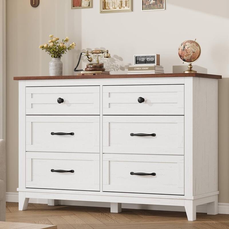 47" Wide Freestanding 6 Drawer Dresser for Living Room, Bedroom, Entryway - White+Brown