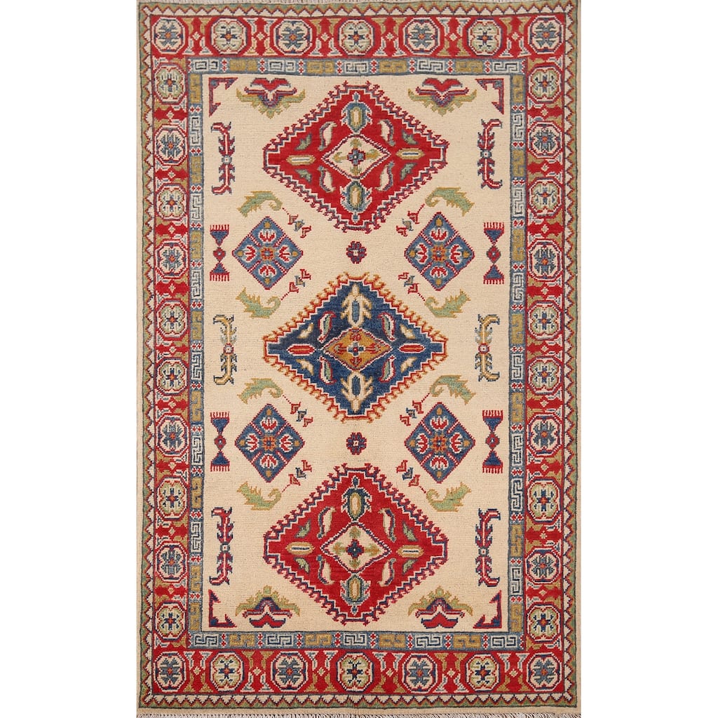Geometric Kazak Accent Rug Hand-Knotted Beige Wool Carpet - 3'3" x 5'1"