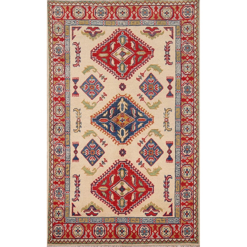 Geometric Kazak Accent Rug Hand-Knotted Beige Wool Carpet - 3'3" x 5'1"