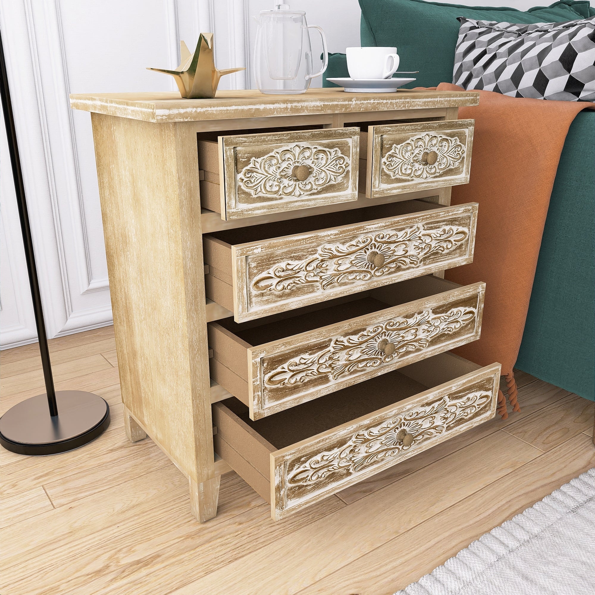 26 Inch 5 Drawers Accent Cabinet in Natural with White Wash 26