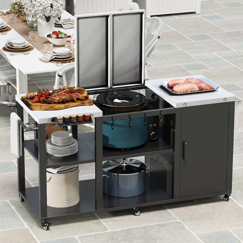 Moasis Wheeled Grill Cart Table w/Removable Stainless Steel Top and Trash Bag Holder - Black