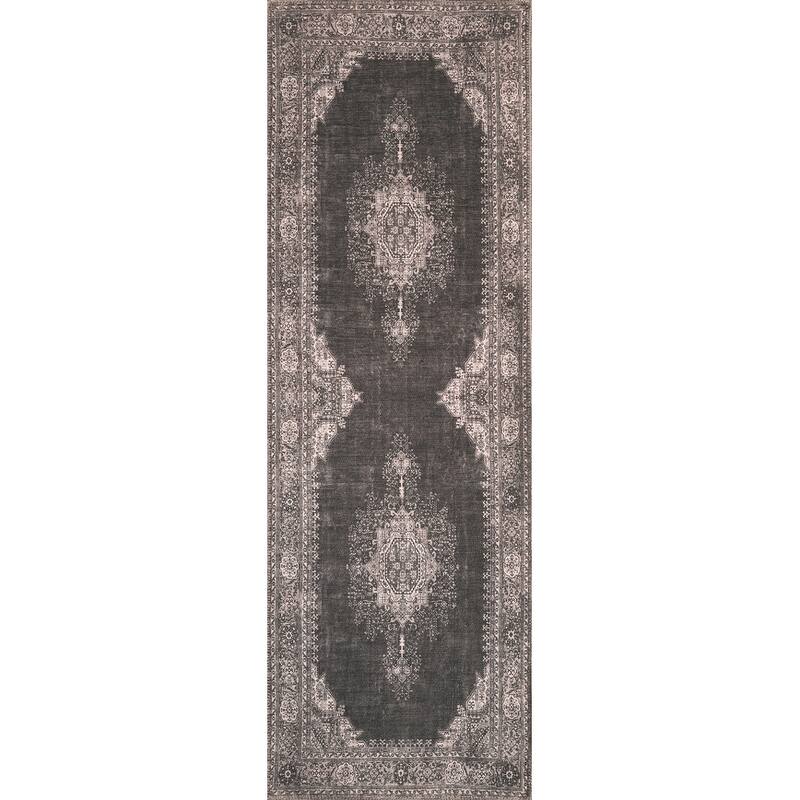 Domani Grove Machine Washable Distressed Grey Medallion Area Rug - 2'6" x 7'6" Runner