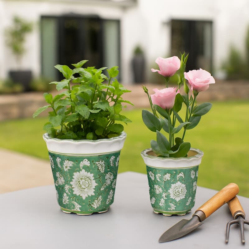 Ceramic Planters Embossed Bird Floral Detailing Scalloped (Set of 2)