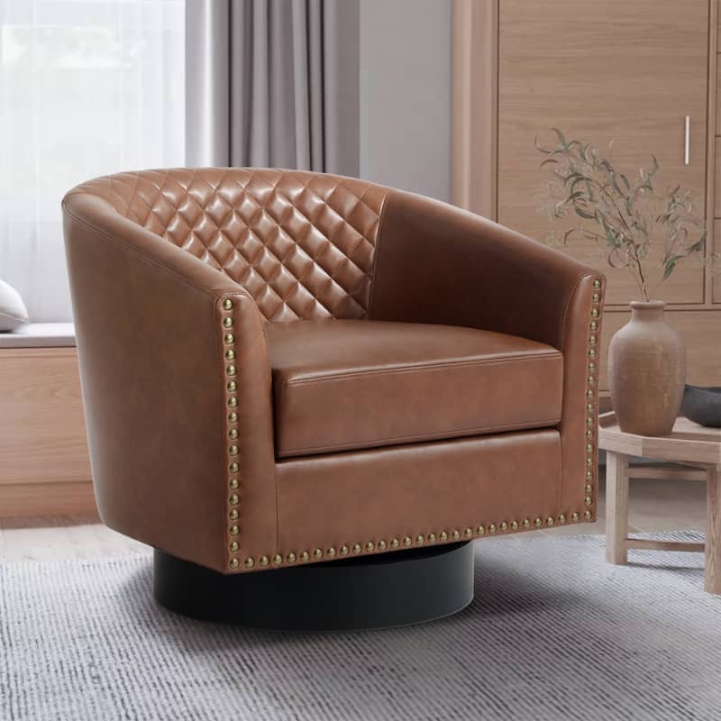 Tufted PU Vegan Leather Swivel Barrel Chair with Nailheads Trim - Brown