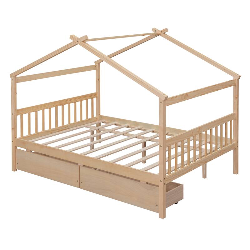 Full Size Wooden House Bed with 2 Drawers, Pinewood Frame, Kids Daybed, No Box Spring Needed