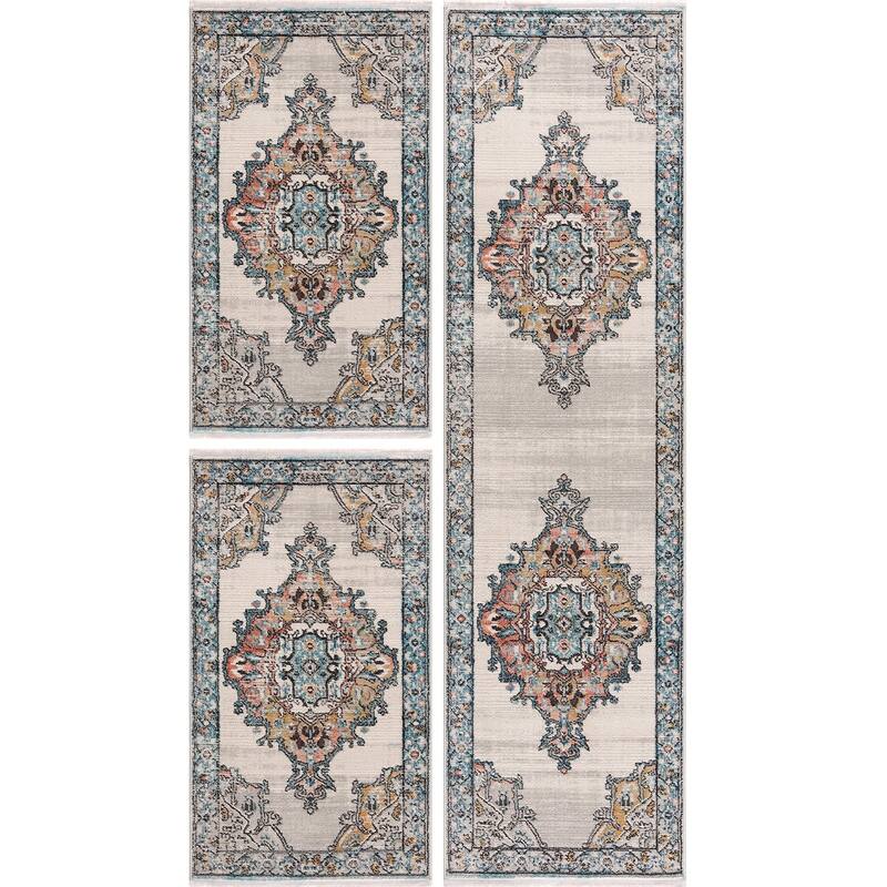 Traditional Persian Bordered Ikat Turquoise Ivory Orange Area Rug - 2'7"x4'11"