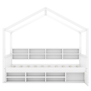 White Twin Size Wooden House Bed with Shelves and a Mini-cabinet