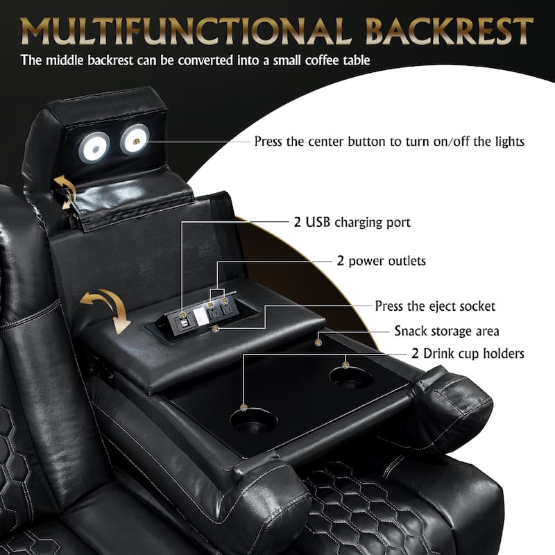 Roomfitters 86.6" Power Recliner 3-Piece Set, Top-Grain Nappa Leather, 12-Color RGB LED & USB-C Charging, Black