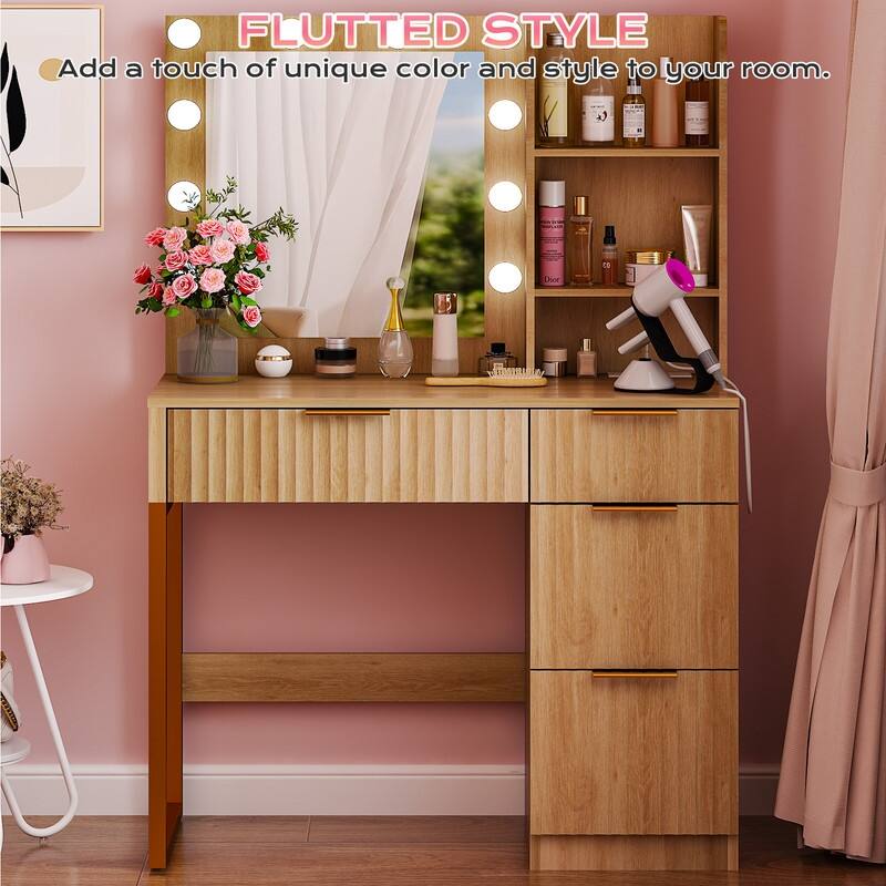 Particle Board Veneered with Textured Melamine 4-drawer 2-shelf with 10 Three-color Dimmable Bulbs Dressing Table - N/A