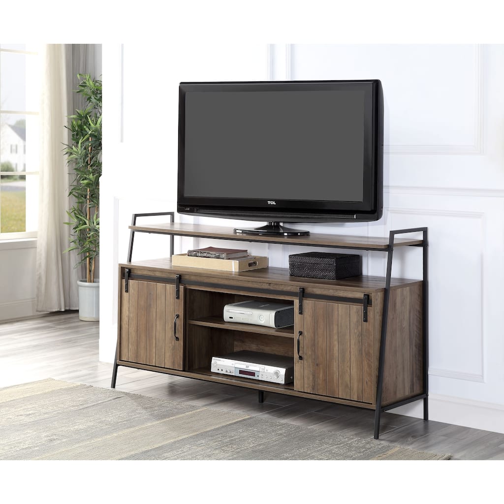 Oak 60" Industrial TV Stand with Shelf & Sliding Door