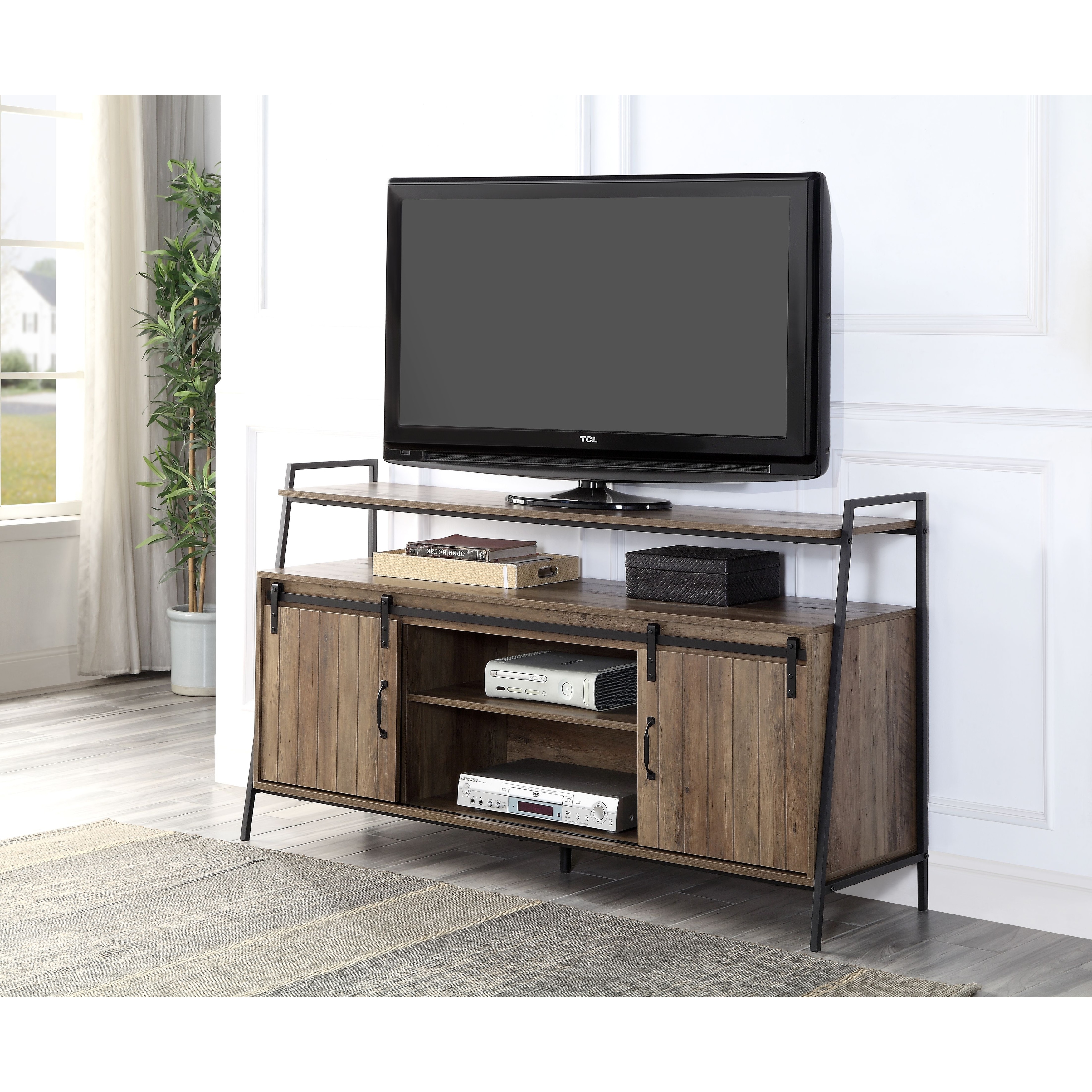 Oak Industrial Style 60" TV Stand with Storage Shelf and Sliding Door for Living Room
