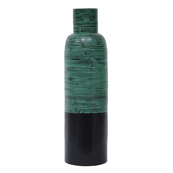 24" Spun Bamboo Bottle Vase - Bamboo In Distressed Blue & Matte Black