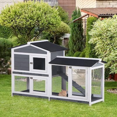 Grey-White Large Wooden Bunny Hutch with Ramp Run Box and Black Weather-Resistant Roof - 62" L x 20.75" W x 36.75" H