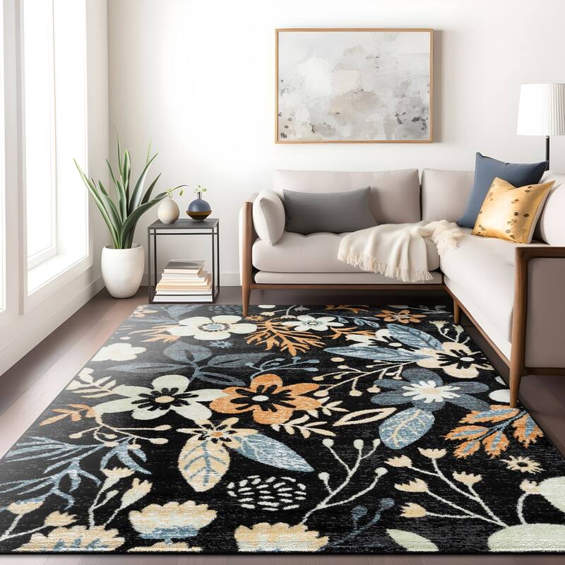 Beige Multi Garden Floral Stylish and Durable Area Rug - Black - 7' 10" x 10'