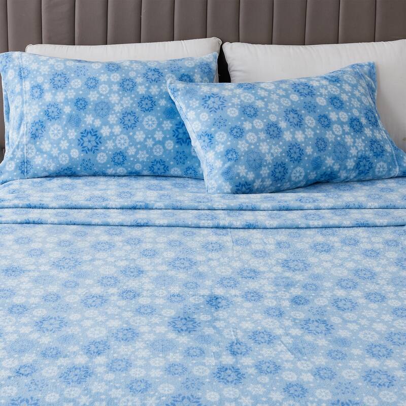 Rustic Lodge Velvet Plush 4-Piece Sheet Set - California King - Blue Snowflake