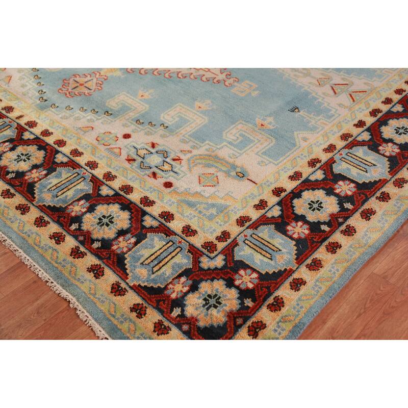 Light Blue Geometric Viss Oriental Large Rug Handmade Wool Carpet - 9'9" x 13'9"