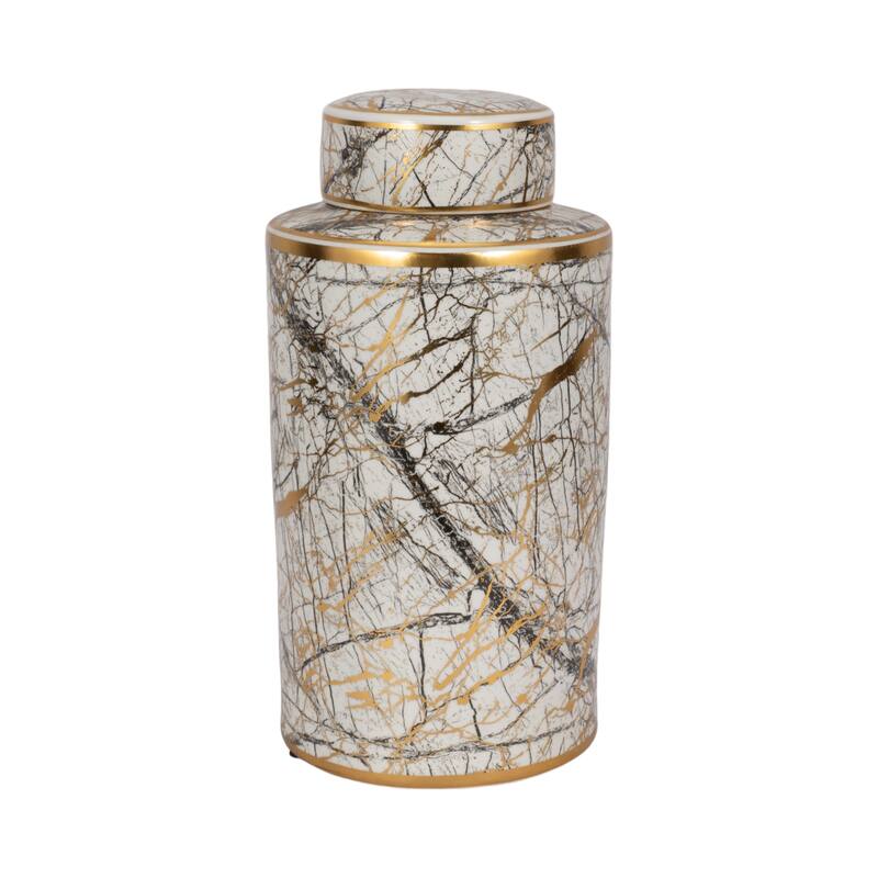 16" Ceramic Jar with Lid Contemporary Decorative Glassware in White, Black and Gold Storage Canister Decor - 8" x 8" x 16"