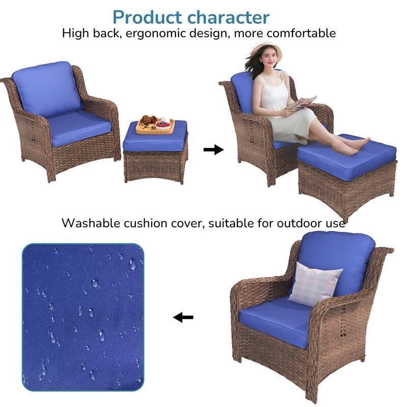 5-piece Patio Furniture High Back Conversation Set with Navy Blue Cushions