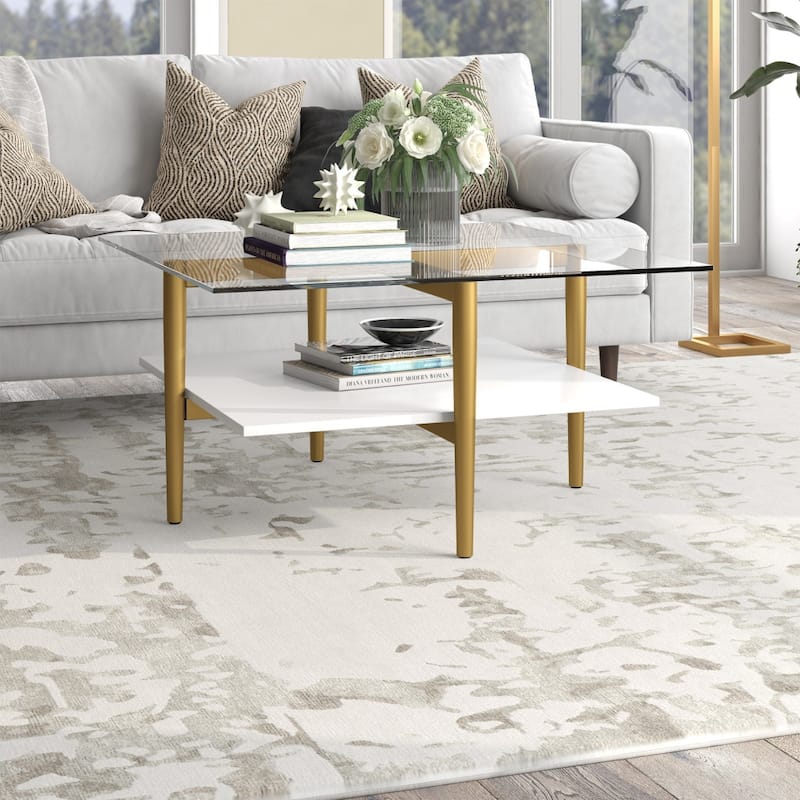 32" Square Modern Coffee Table with Glass Top and Metal Legs Lower Shelf Storage for Living Room - 32"L x 32"W x 17"H