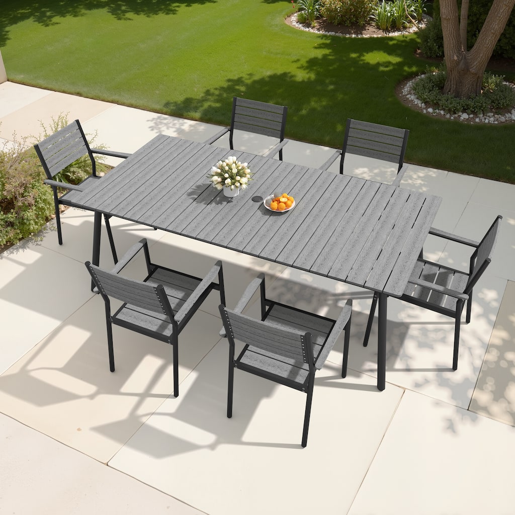 7-Piece Outdoor Patio Dining Set Aluminum Dining Table with Umbrella Hole and Stackable Armchairs