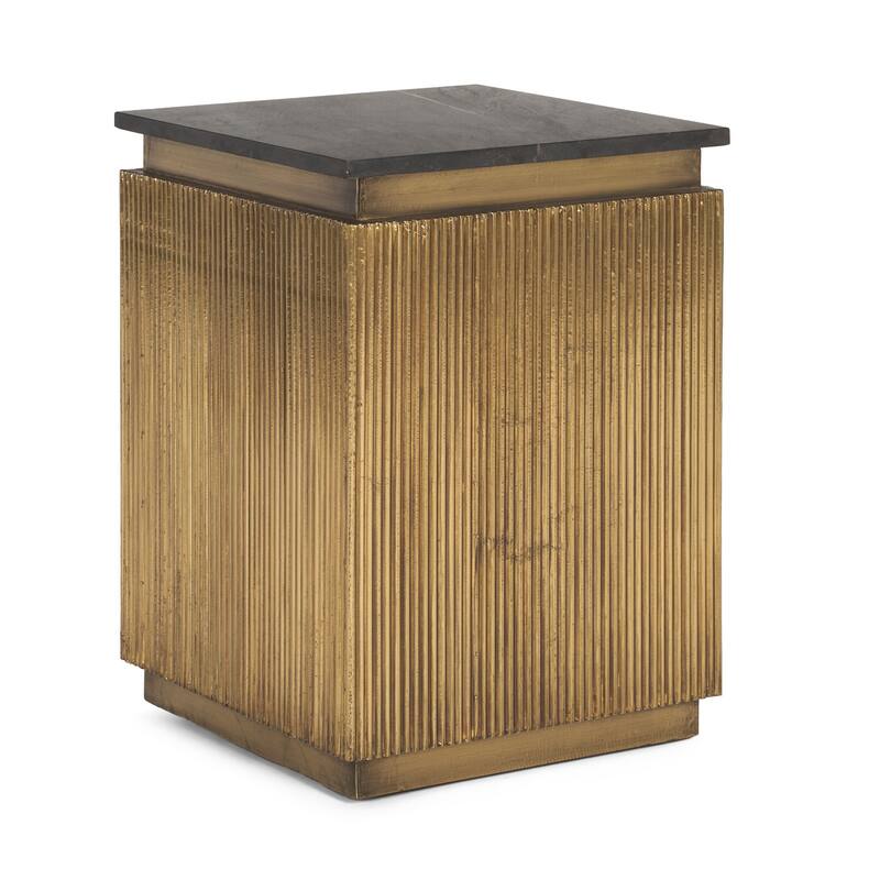 HomeRoots 22" Black and Gold Stone and Brass Square Block End Table - 16.00 in. x 22.00 in. x 16.00 in.