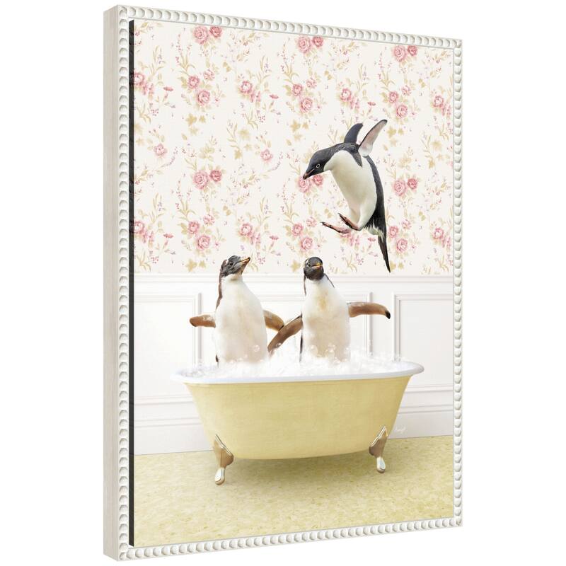 Kate and Laurel Sylvie Penguins in Vintage Yellow Bath Framed Canvas by Amy Peterson - White
