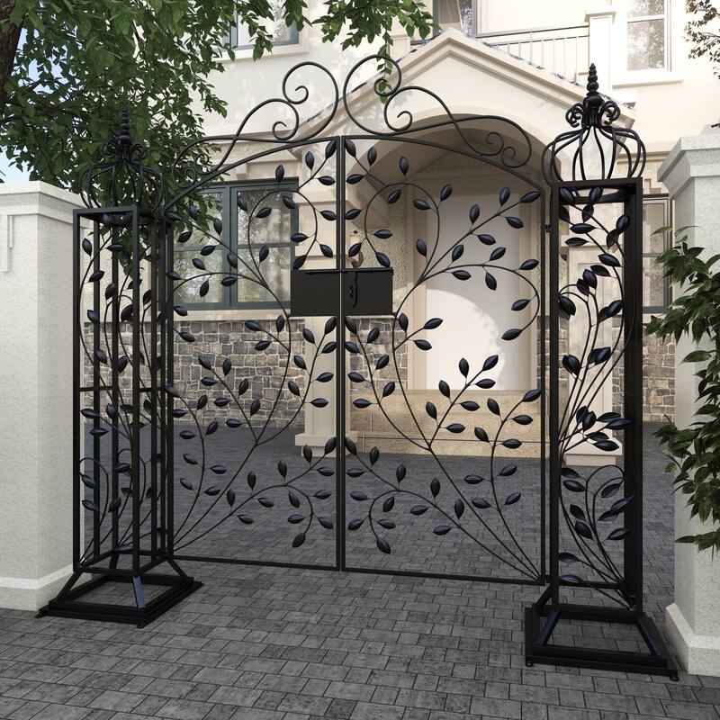 Black Metal Indoor Outdoor Scrollwork Arched Gate Garden Arbor with Vines and Latch Lock Closure