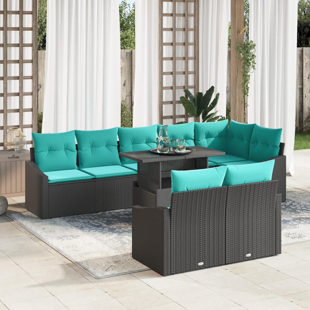 vidaXL 9 Piece Garden Sofa Set with Cushions Black Poly Rattan - 113.6×48.6×27.2