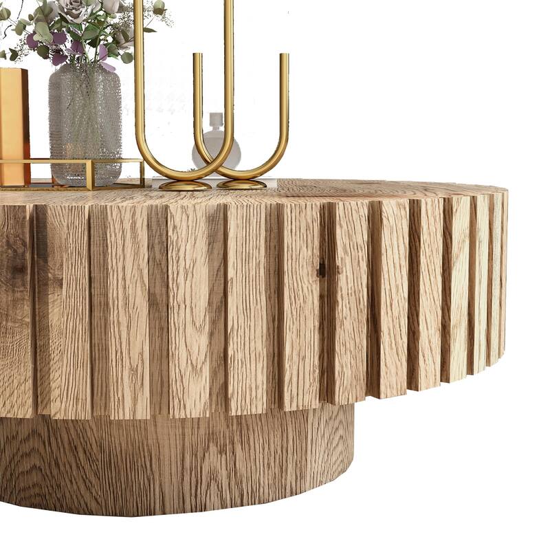 GDFStudio - Norwyn Minimalist Aesthetics Round Coffee Table with Sturdy Base and Handcrafted Relief Carving - 31.5"W