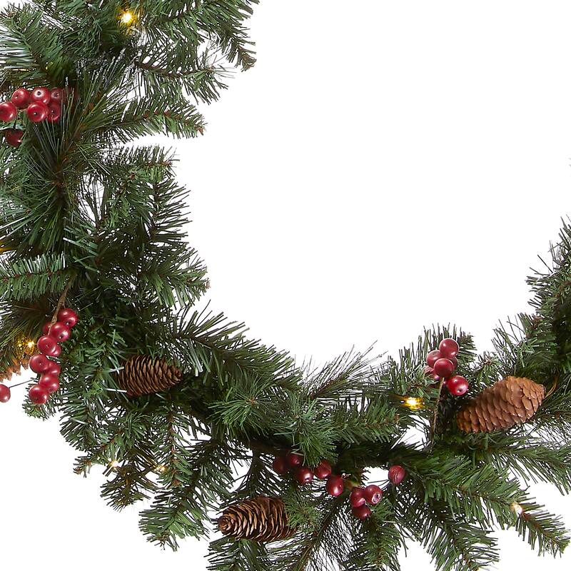 9-foot Pre-lit Spruce Garland with Cones and Berries - Green