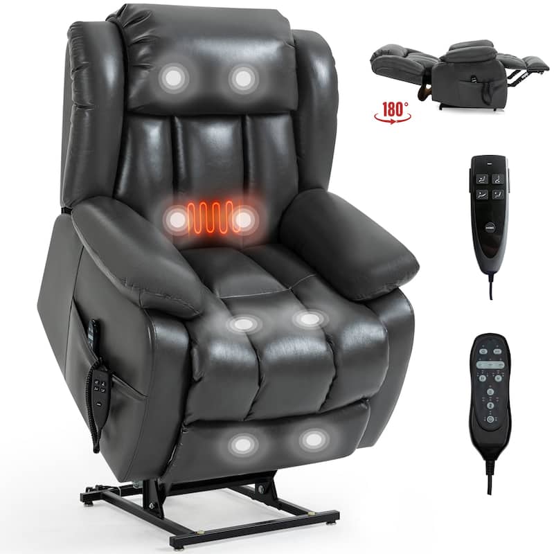 Roomfitters Dual Motor Power Lift Recliner, Infinite Position Massage Chair with 180-Degree Flat Recline, Leatheraire, Grey - Grey