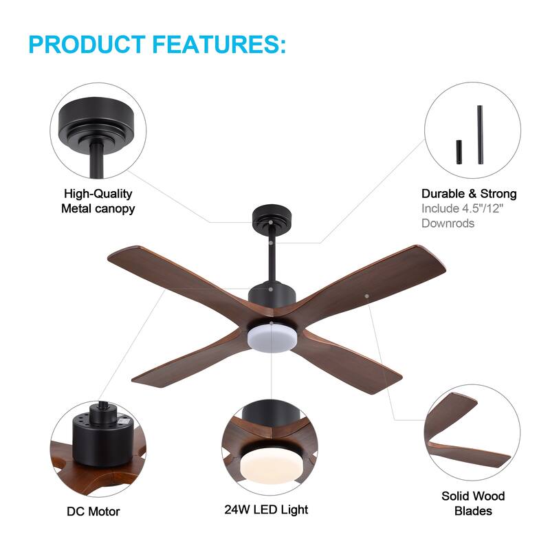 MLiAN 54 inch Solid Wood Indoor Ceiling Fan with Light Kit and Remote - 54 inch